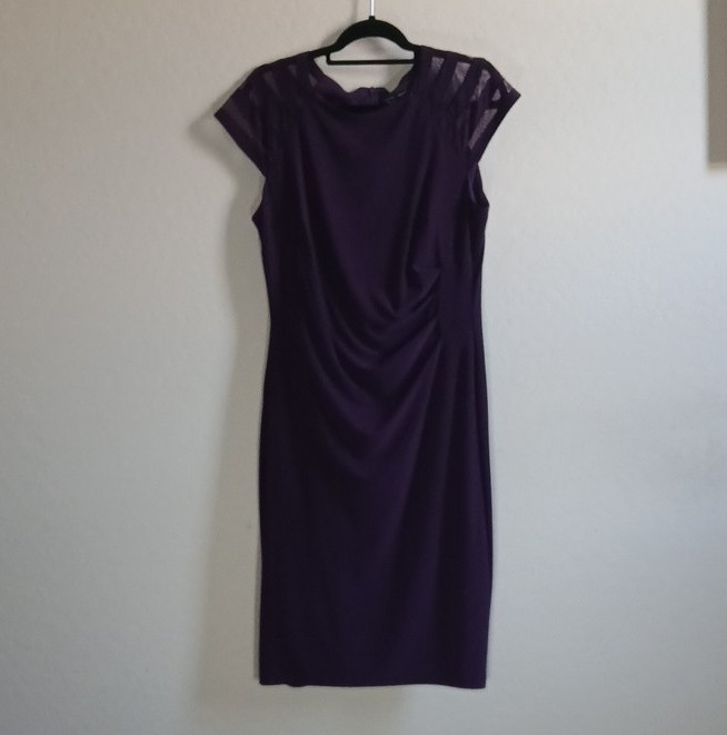 Jessica Howard Purple Solid Sheath Knee Dress Round Neck Ruched Mesh Cap 12