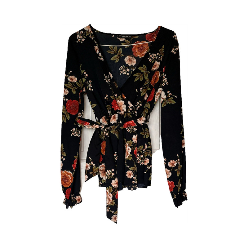 Black Floral Wrap Top Long Sleeve Peplum Size S