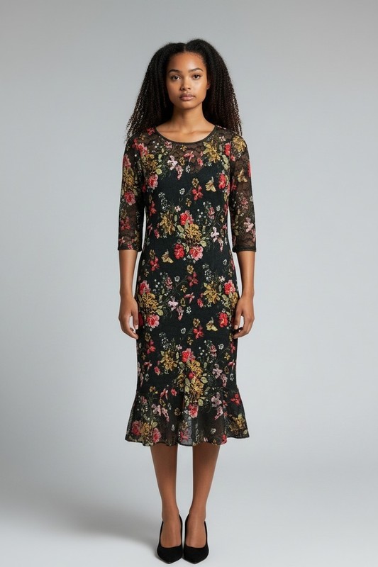 Vishow Yermoq Black Multicolor Floral Lace Midi Dress S 3/4 Sleeve Round Neck