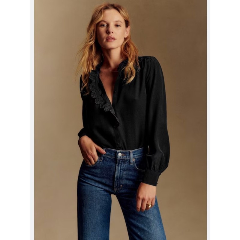 Sezane Chlo Silk Blouse Black Noir French Classic Women’s Size EU 36 / US 4