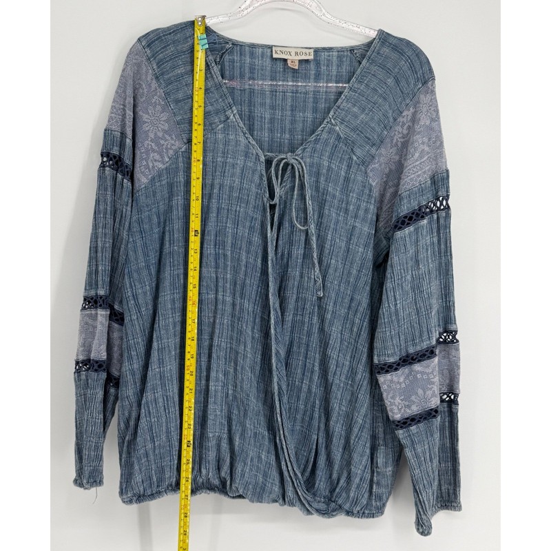 Knox Rose Womens Blue Lace Accent Boho Wrap Front Tie Blouse Long Sleeve Sz XL gallery
