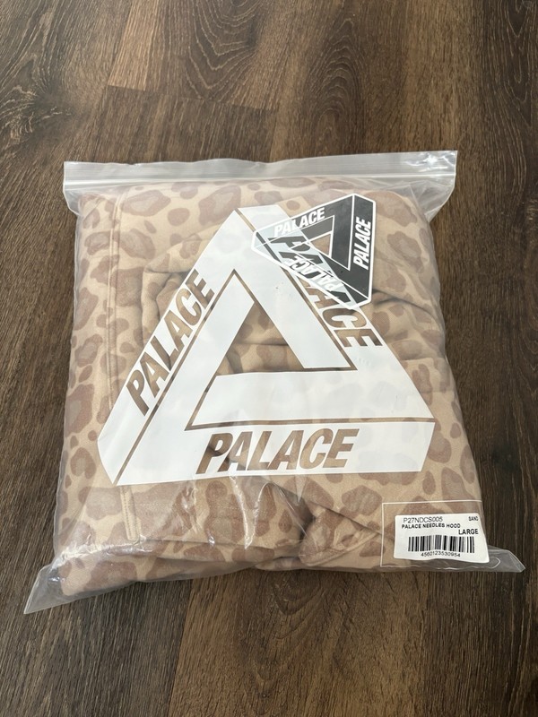 Palace Needles Beige Leopard Pullover Hoodie w/ Logo Accent Size L