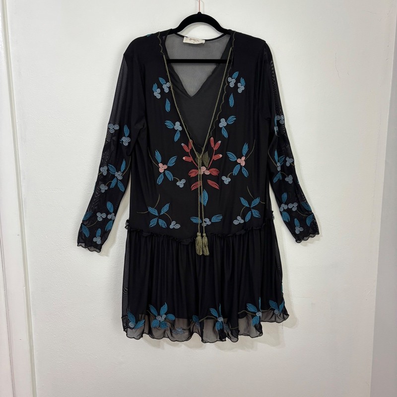 A Beautiful Soul Embroidered Floral Mesh Tunic Dress Boho Whimsi Women Sz A/XL