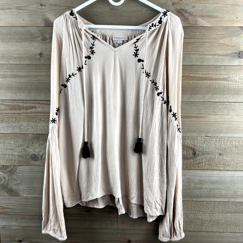 Knox Rose Womens Shirt Balloon Sleeves Embroidered Floral Gauze Tan Boho Medium