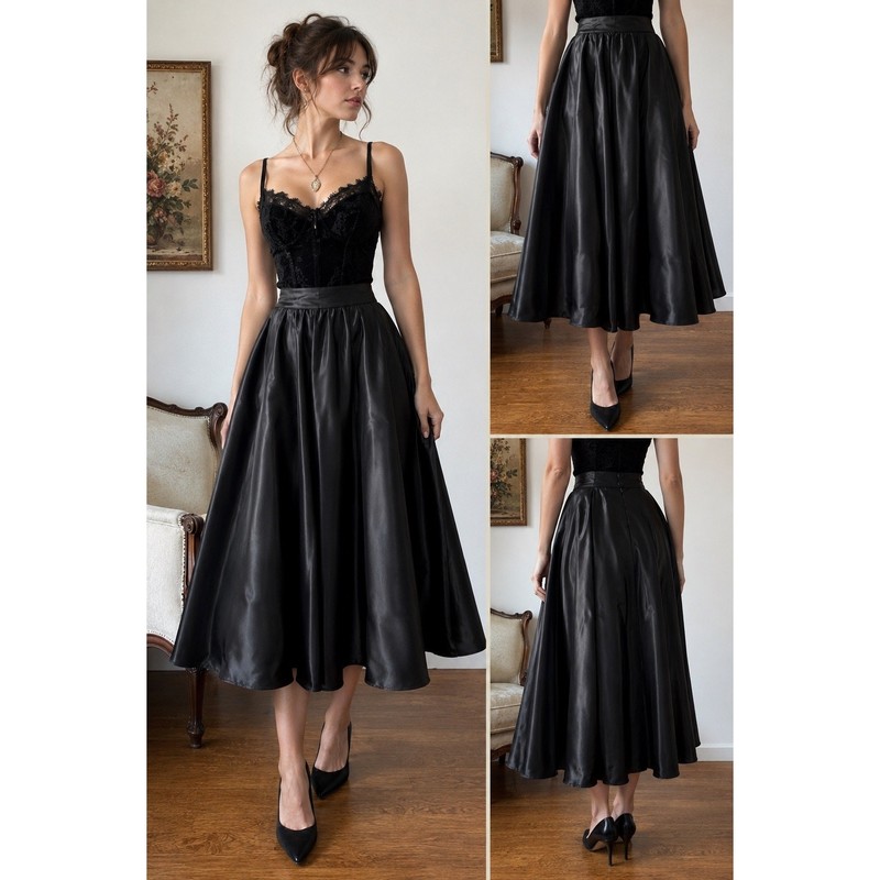 Vintage Gunne Sax by Jessica McClintock Black Satin Full Circle Skirt USA Sz 13