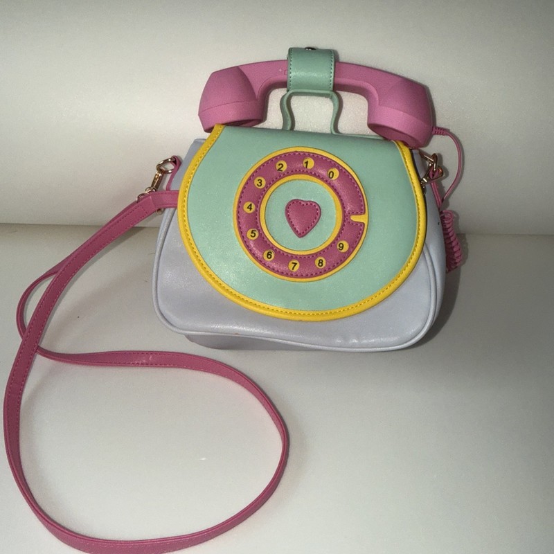 Retro Telephone Crossbody Bag Small Blue Pink Green Colorblock Gold Hardware