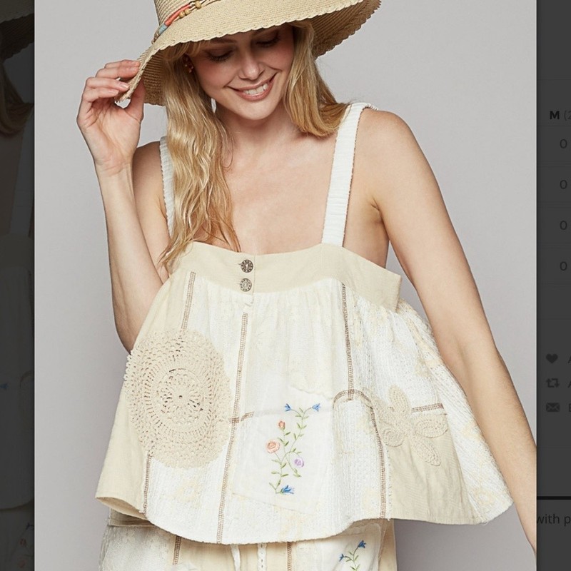 POL «Helen 2» Woven Tank Top with Patchwork Detail Cream Embroidered Cotton Sz S