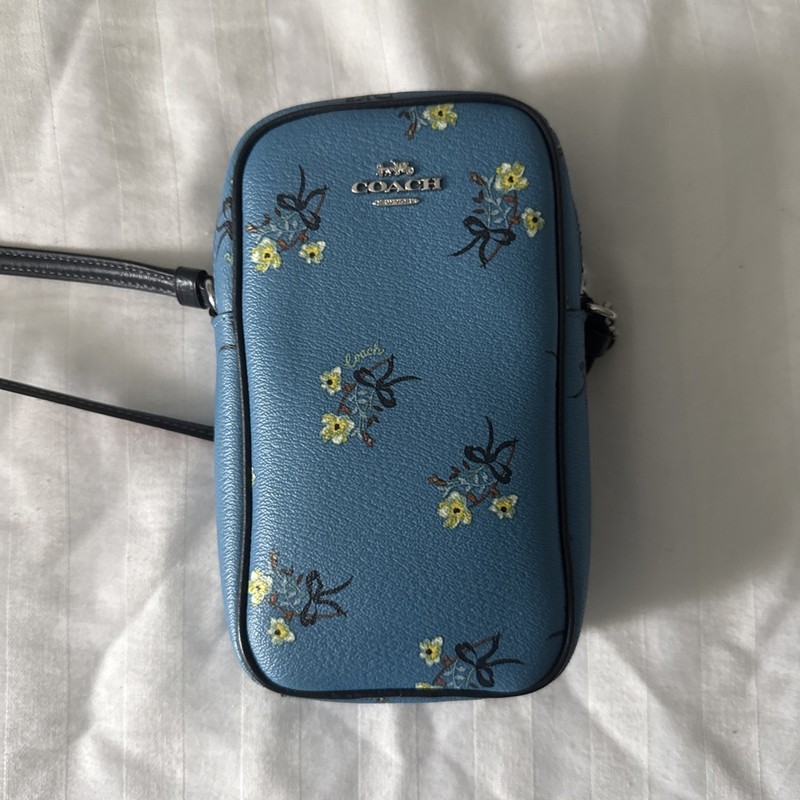 COACH North/South C7380 Silver Blue Zip Phone Crossbody With Floral Print