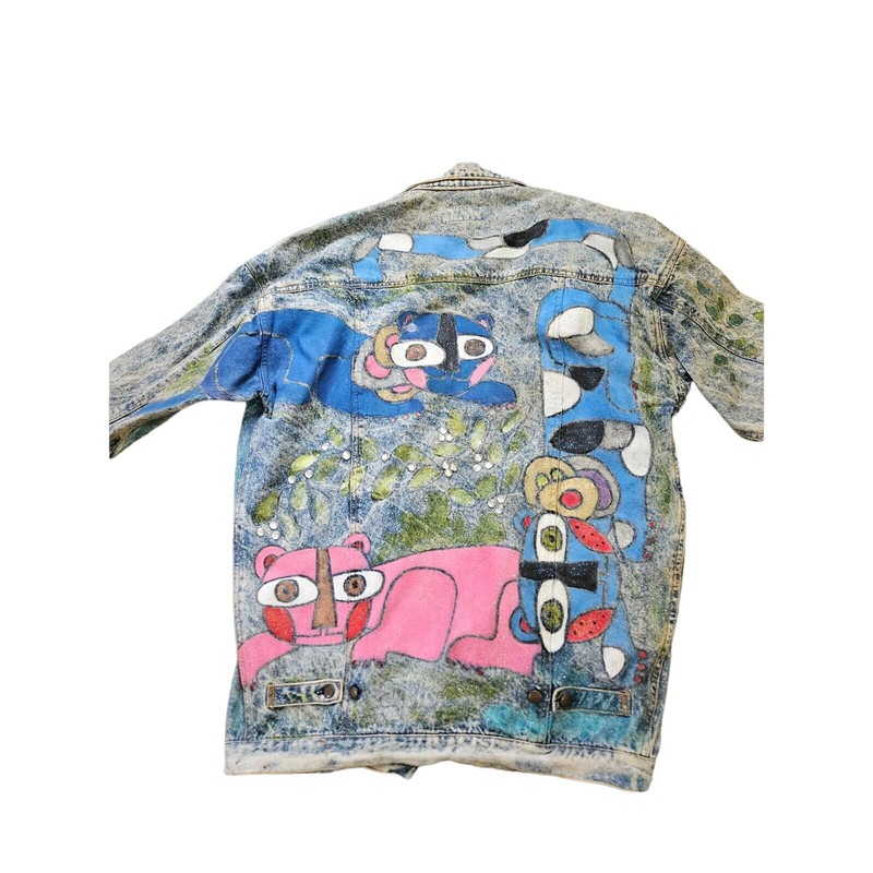 Vintage 90s Hand Painted Cat Jean Jacket Distressed Art To Wear Acid Wash Boho gallery