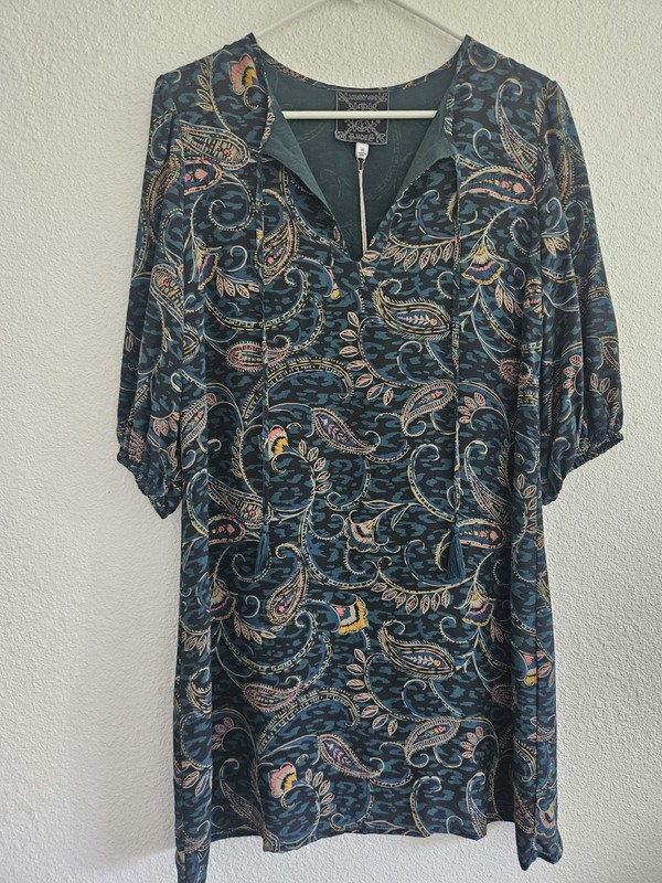 Johnny Was Jade Blue-Green silk Paisley V-Neck 3/4 Sleeve Shift Dress XS