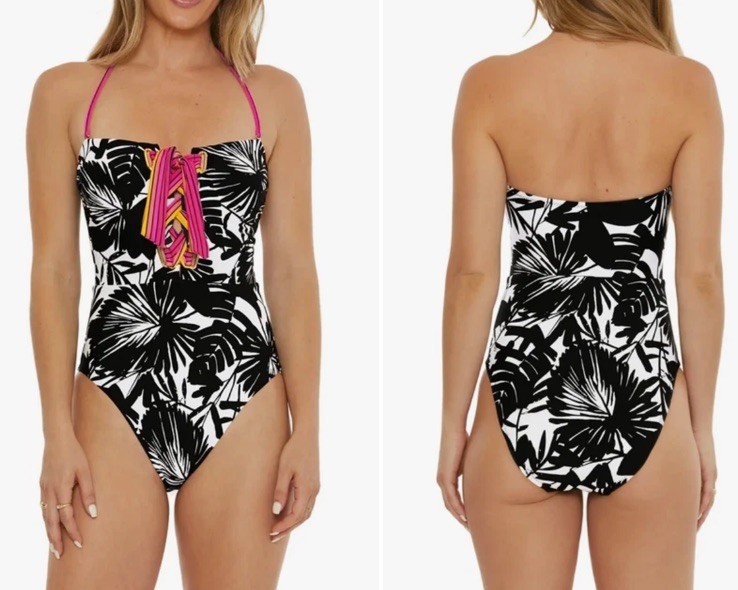 TRINA TURK Size 10 NWT Black White Lennox 1 Pc Lace Up Halter Bandeau Swimsuit gallery