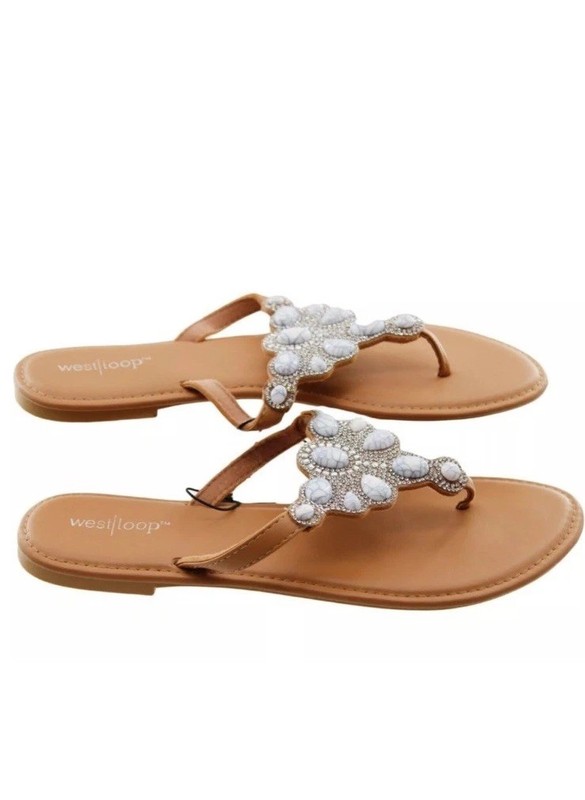 West Loop Women’s Tan Silver Jeweled Flat Thong Summer Sandals Size L (9/10)