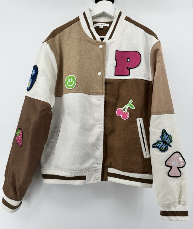 Pacsun varsity jacket in brown and cream with playful patches.