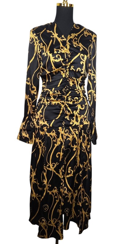 GANNI Baroque Print Silk Blend Ruched Midi Dress Black Gold EU 36 US 4 gallery