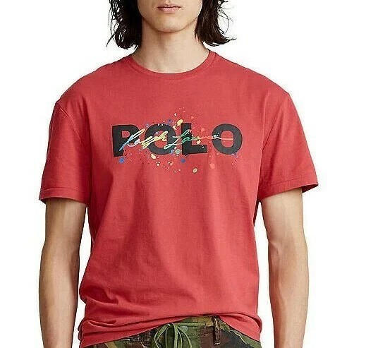 Polo Ralph Lauren Men’s M Red T-Shirt Front Splatter Logo, Back Polo Player Tee