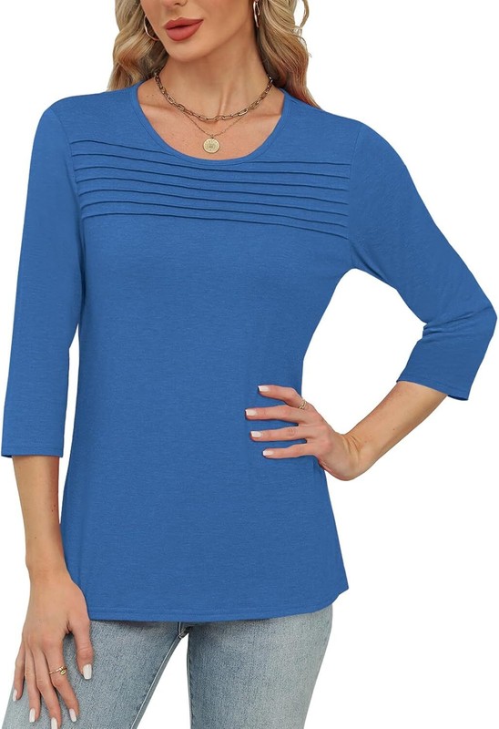 Pleated 3/4 Sleeve Womens Blouse Crew Neck Lightweight Casual Top S-XXL Summer gallery