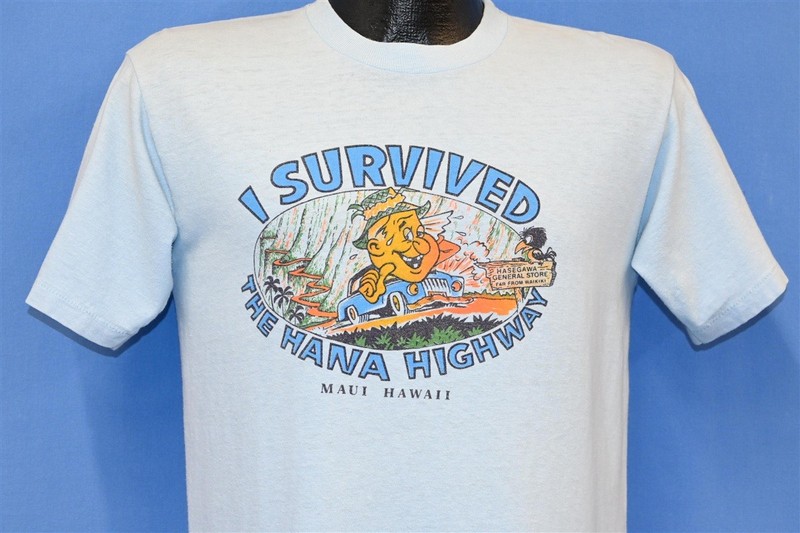 vintage 80s I SURVIVED THE ROAD TO HANA HAWAII TOURIST BLUE t-shirt MEDIUM M