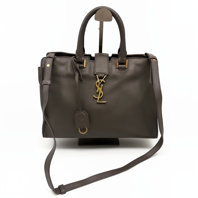 YSL Saint Laurent Elephant Grey Gold Buckle Cabas Soft Leather Tote Bag Used