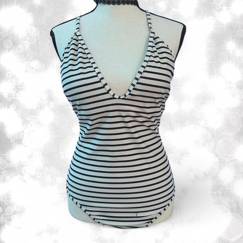 Gothic Style One Piece Black and White Striped Halter Top Swimsuit