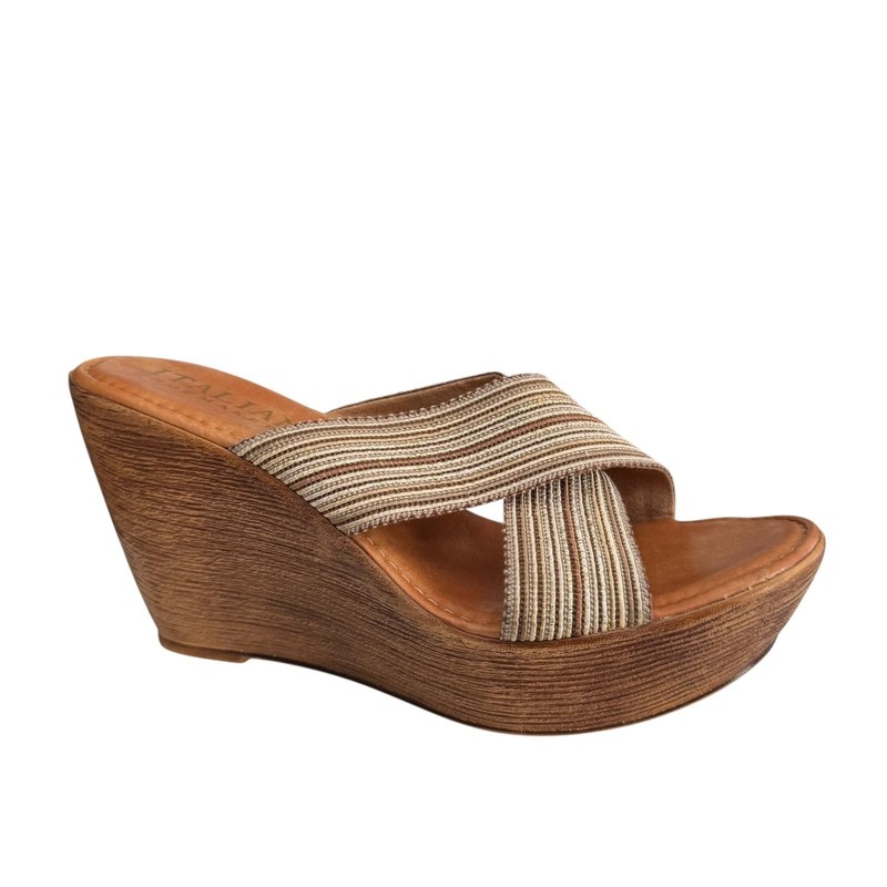 Italian Shoemakers Sandals Womens Size 8 Brown Striped Wedge Slide Made Italy