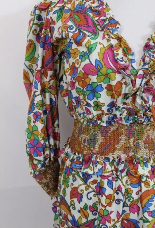HOUSE of HARLOW 1960 Floral Flowers Puff Sleeve V-Neck Ruffled Mini Dress S gallery