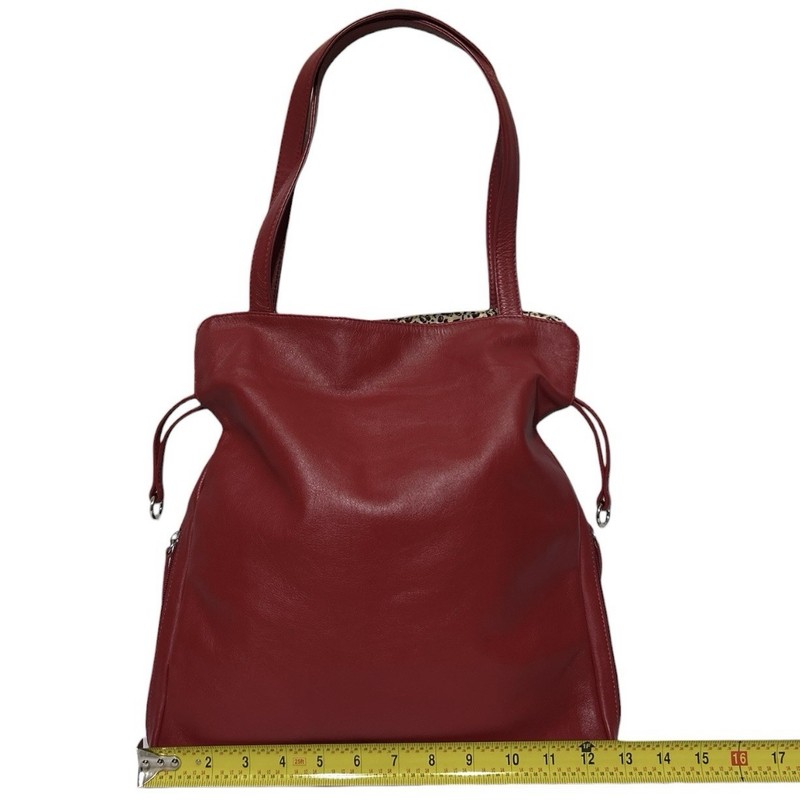 ILI New York Drawstring Tote Red Smooth Leather Shoulder Bag Handbag Purse gallery