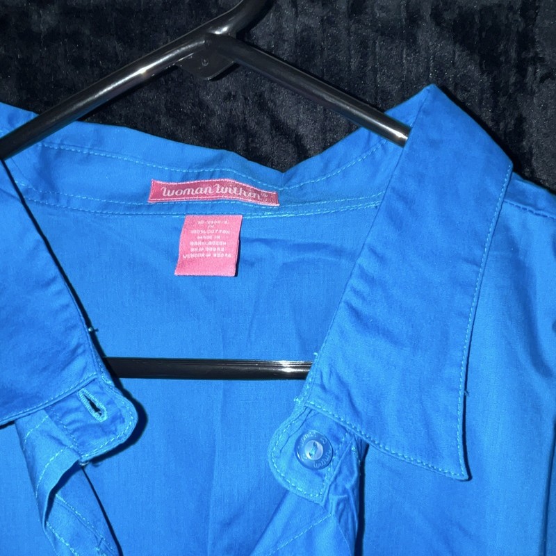 Woman Within Blue Solid Collared Button-Up Woven Cotton Shirt, 3X Plus
