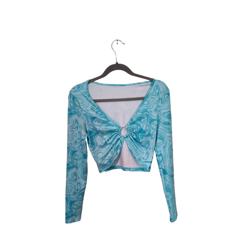 SHEIN Women’s Top Size S Euphoria Blue Marble Swirl O-Ring Long Sleeve Crop