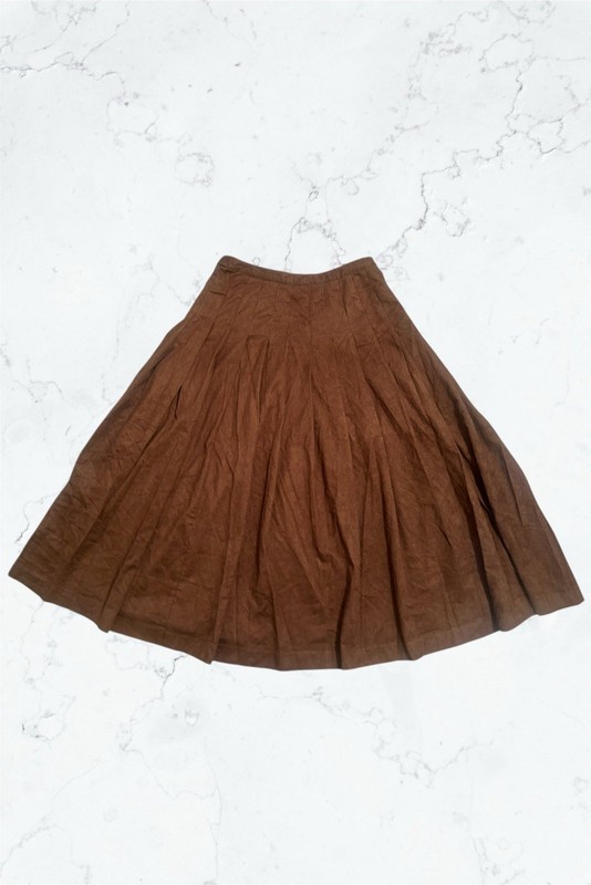Coldwater Creek Brown Faux Suede Pleated A-Line Knee Skirt Petite PM