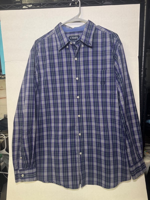 Chaps Mens XL Purple Plaid Button Up Shirt Stretch Easy Care Long Sleeve