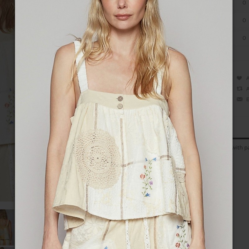 POL "Helen 2" Woven Tank Top with Patchwork Detail Cream Embroidered Cotton Sz S gallery