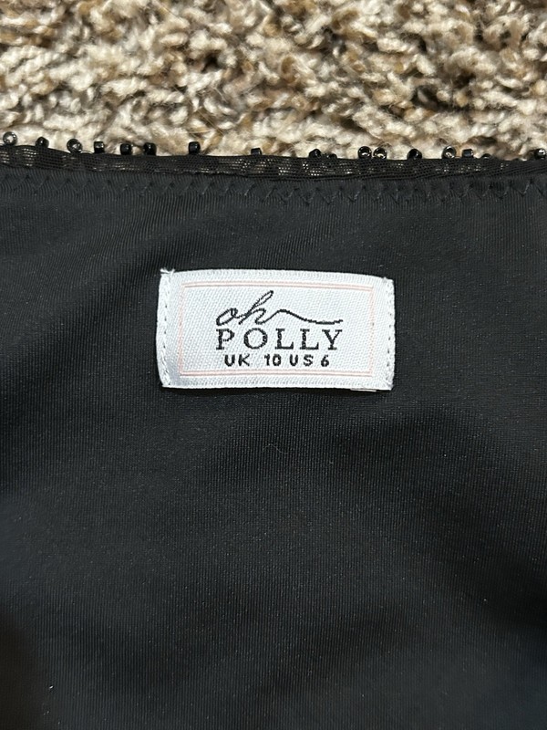 Oh Polly Black Mini Dress Cowl Neck Long Sleeve Beaded Mesh Sheer US 6 gallery