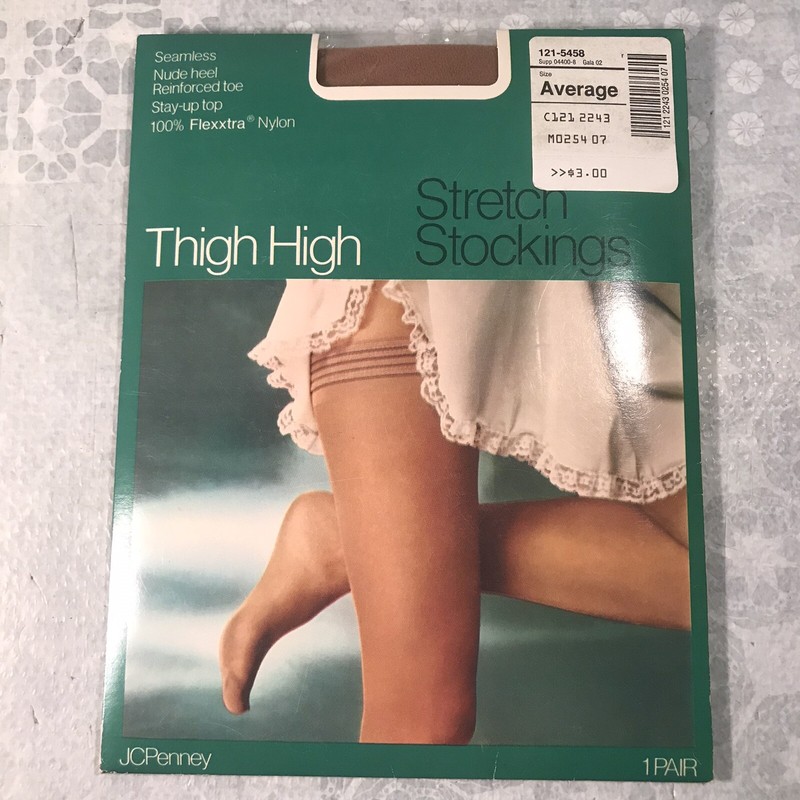 JC Penney Thigh High Stretch Stockings Seamless Nude Heel Reinforced Toe Vintage