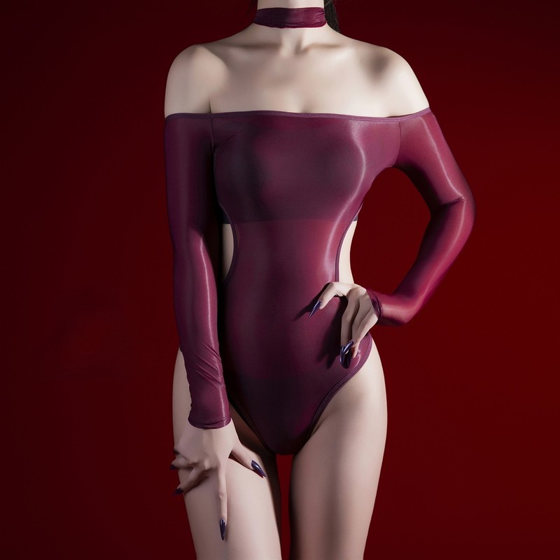 Oil Glossy Shiny Halter Off Shoulder Bodysuit High Cut Nylon Backless Leotard gallery