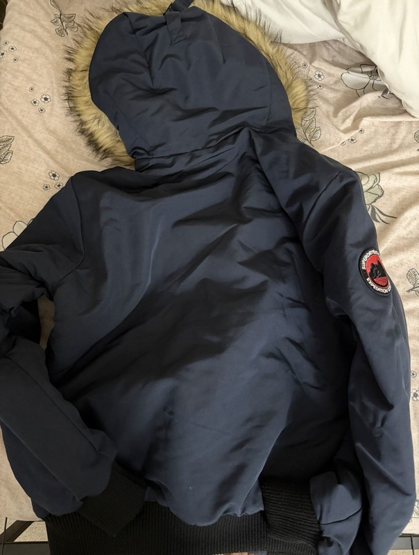 Superdry Men’s Navy Hooded Bomber Jacket Fur Trim Zip/Button Pockets Size L gallery
