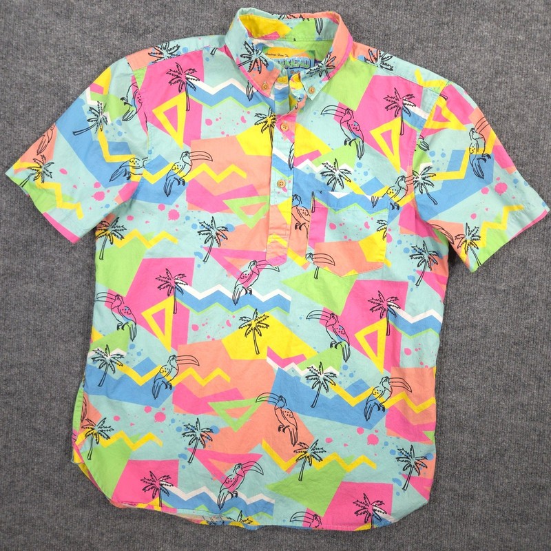 Chubbies The Nutter Popover Shirt Mens M Multicolor Tropical Toucans Retro Vice