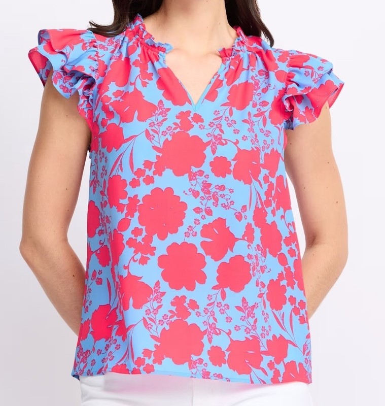 Sugarlips Pink/Blue Floral Thea Flutter Sleeve V Neck Blouse Top Size XL NWT gallery