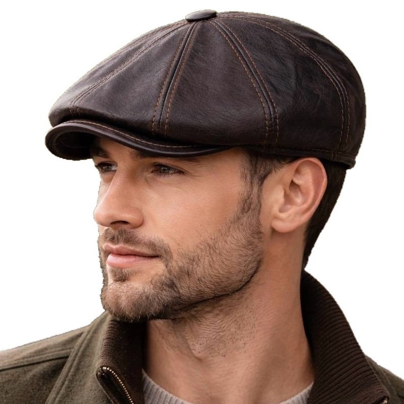 Vintage Brown Real Leather Cabbie Hat Newsboy Ivy Cap Ear Flaps