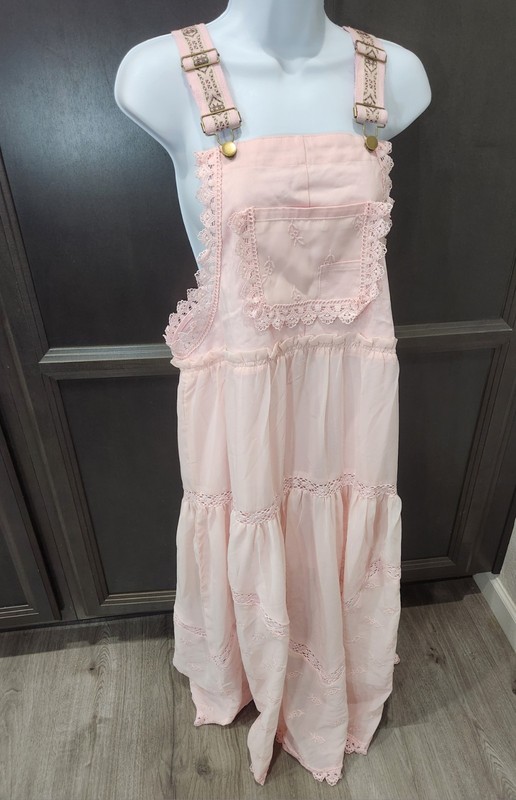 NEW Lolita Tea Party Bib Lace Embroidered Maxi Dress Size S Over All Pink NWOT