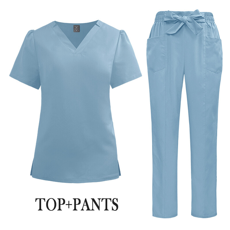 Strecth Nursing Uniform Suits Medical Scrub Set Women V-Neck Straight Hospital
