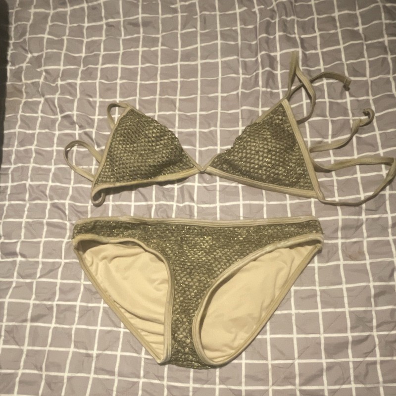 Bongo Solid 2-Piece Triangle Halter Lined Bikini Set Beige/Gold Size L/G #52