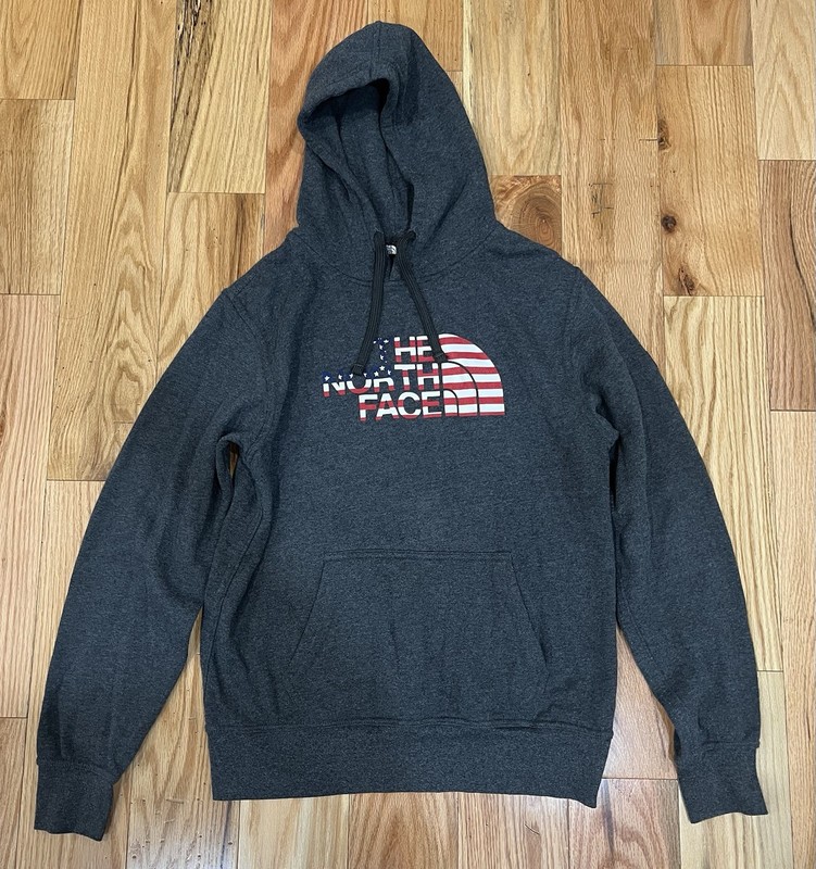 The North Face Hoodie Mens Small Gray USA Flag Logo Graphic Fleece Pullover