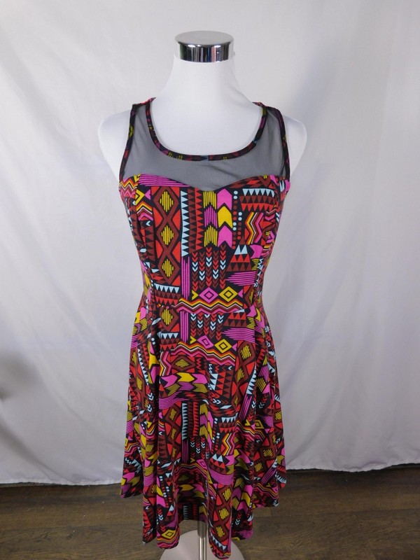 Xhilaration Dress Juniors Medium Multicolor Geometric Mesh Fit & Flare Skater