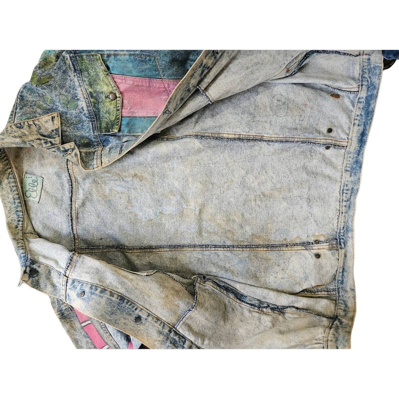 Vintage 90s Hand Painted Cat Jean Jacket Distressed Art To Wear Acid Wash Boho gallery