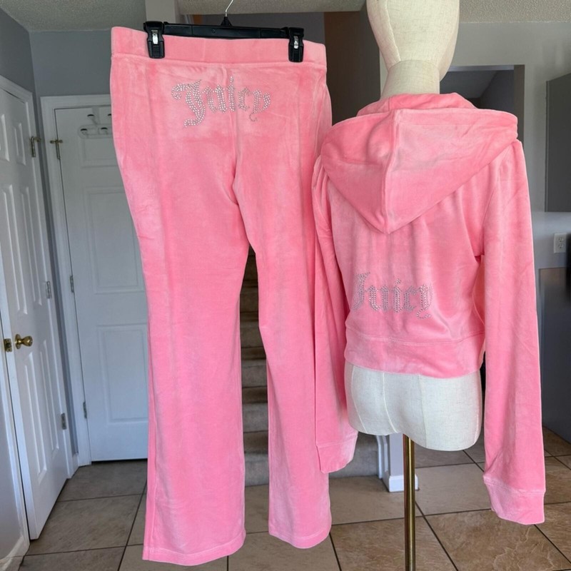 Juicy Couture Pink Velour Track Pants & Hoodie Set Rhinestone Bling Logo