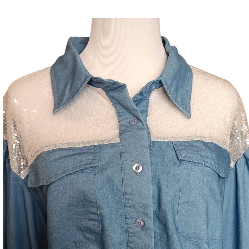 Western Crop Top Blouse XL Puffy Sleeves Mesh Sparkly Sequins Coquette Country gallery
