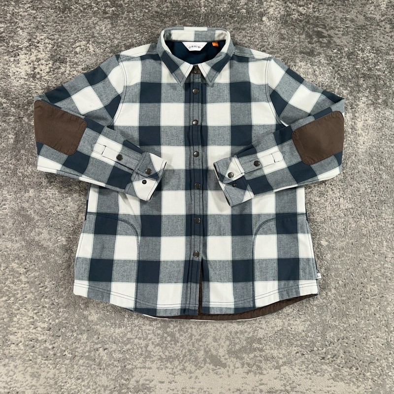 Orvis Shirt Mens Mens Large L Blue Grey Plaid Snap Button Elbow Patches Pockets