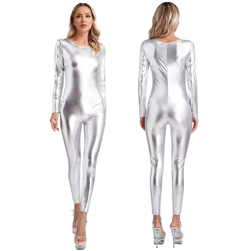 US YiZYiF Women’s Metallic Shiny Catsuit Bodysuit Dance Gymnastics Show Costumes