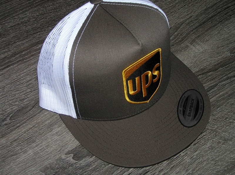 UPS Shipping Patch on Trucker Hat Yupoong Classic 6006 Snapback Brown/White gallery