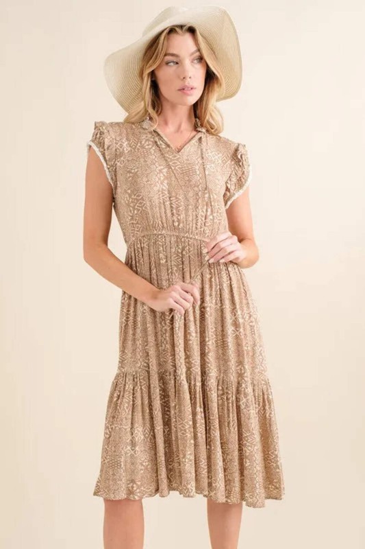 And The Why Rayon Khaki Boho Geometric Drawstring Flutter Sleeve Tiered Dress